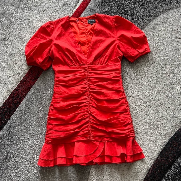 Bardot Revolve Red Ruched Puff Sleeve Ruffle Hem Mini Dress - Picture 3 of 7